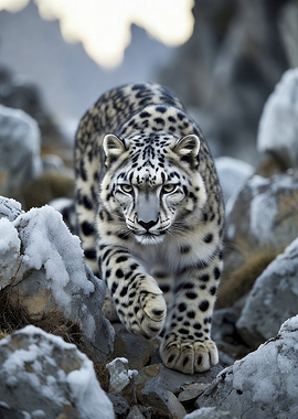 Snow Leopard Walking on Rocks