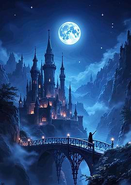 Fantasy Castle Under a Full Moon