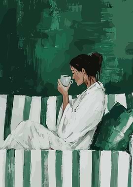 Woman enjoying coffee on a striped couch