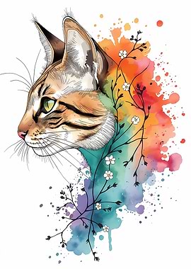 Watercolor Cat with Flowers