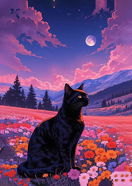 Black Cat in a Flower Field