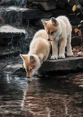 Coyote pups drinking water