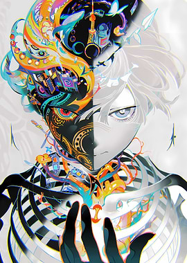 Dual-Faced Character with Vibrant and Monochrome Halves