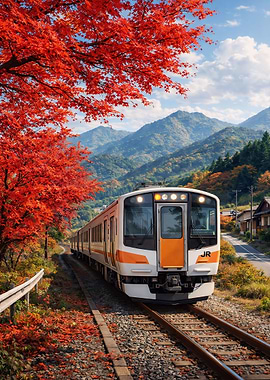 Train passing through autumn foliage