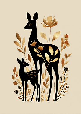 Golden Deer and Fawn with Flowers