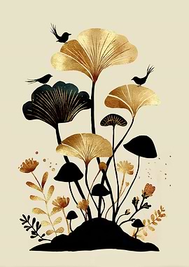Golden Ginkgo and Mushroom Art with Birds