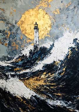 Lighthouse Stormy Sea Gold Moon