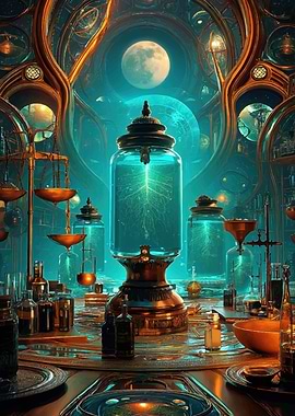 Steampunk Laboratory with Moon and Jars