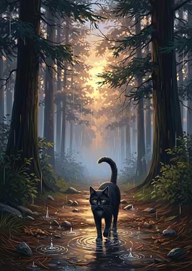 Black cat walking in rainy forest