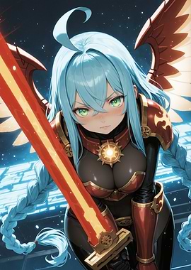 Anime Warrior with Blue Hair and Sword