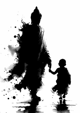 Buddha and Child Ink Wash Painting