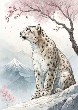 Snow Leopard Under Cherry Blossoms