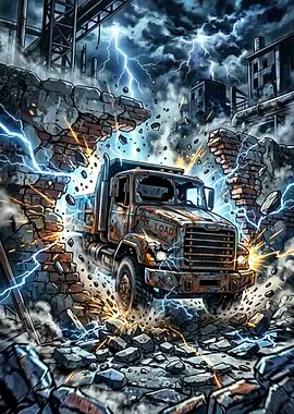 Rusted Truck in Stormy Industrial Ruin