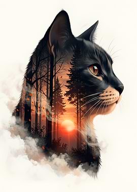 Black Cat in Forest by Sunset Nature