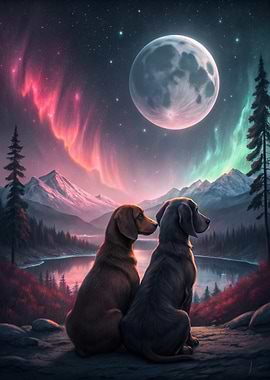 Dogs Watching Aurora Borealis