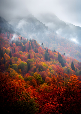 Misty Autumn Forest on a Mountain