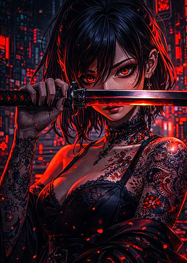 Cyberpunk Samurai Woman with Katana