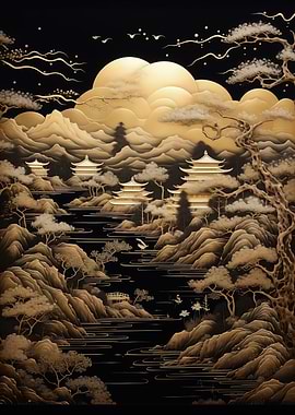 Golden Pagodas in a Misty Landscape