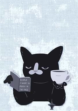 Grumpy Cat Reading and Drinking Coffee