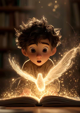 Boy Reading a Magical Book