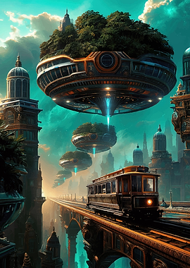 Futuristic Cityscape with Flying Islands and Train