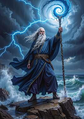 Wizard conjuring storm over the sea