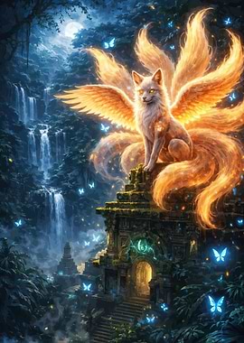 Mythical Fox Spirit in Ancient Ruins