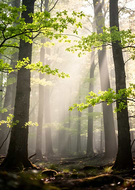 Misty Forest with Sunbeams