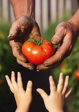 Hands sharing a fresh tomato
