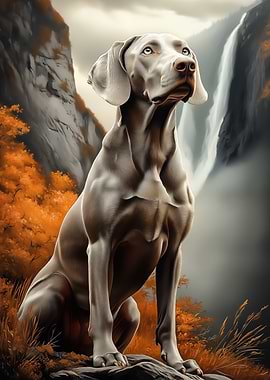 Weimaraner Dog by Waterfall