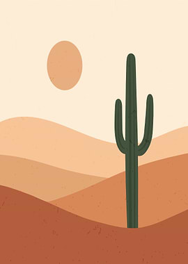 Desert Landscape with Cactus and Sun