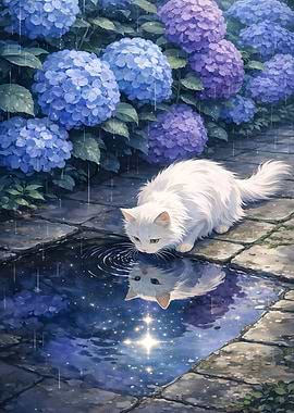 White cat drinking from a puddle