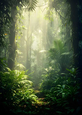 Misty Jungle Path with Sunbeams