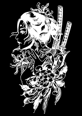 Geisha with Swords and Flowers