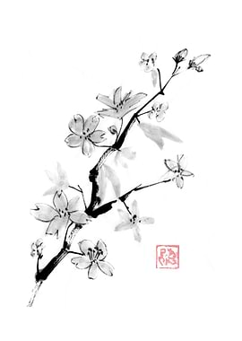 Ink Wash Cherry Blossoms with Seal
