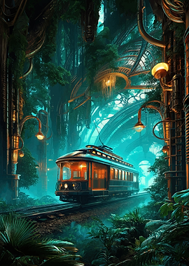 Steampunk Tram in a Lush Jungle