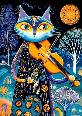 Cat playing violin under the moon