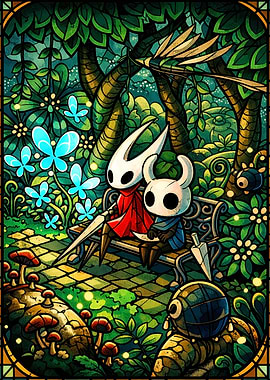 Hollow Knight Characters in a Stained Glass Garden