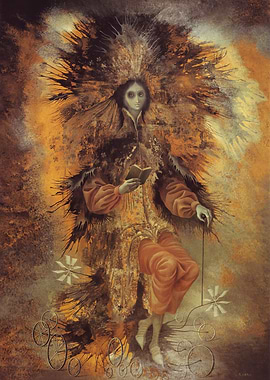 Remedios Varo Surreal figure with book and wheels