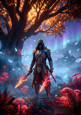 Fantasy Warrior with Glowing Swords
