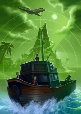 Children on a boat near an island