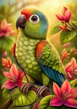 Vibrant Parrot Amidst Tropical Flowers