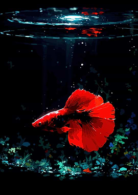 Red Betta Fish in Dark Aquarium
