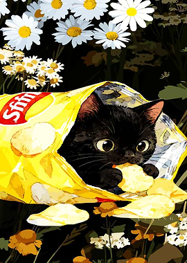 Black kitten in a chip bag