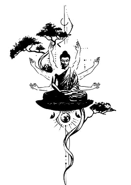 Meditating Buddha with Multiple Arms and Nature Elements