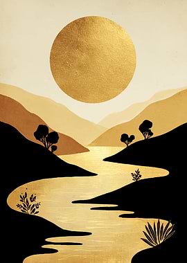 Golden Sunset Over Winding River Landscape