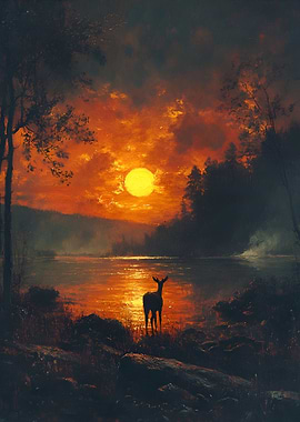 Deer by a lake at sunset