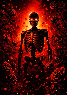 Skeleton surrounded by red roses