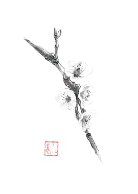 Japanese Ink Painting of Cherry Blossoms