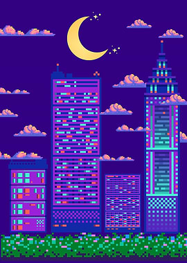 Pixel Art Cityscape at Night